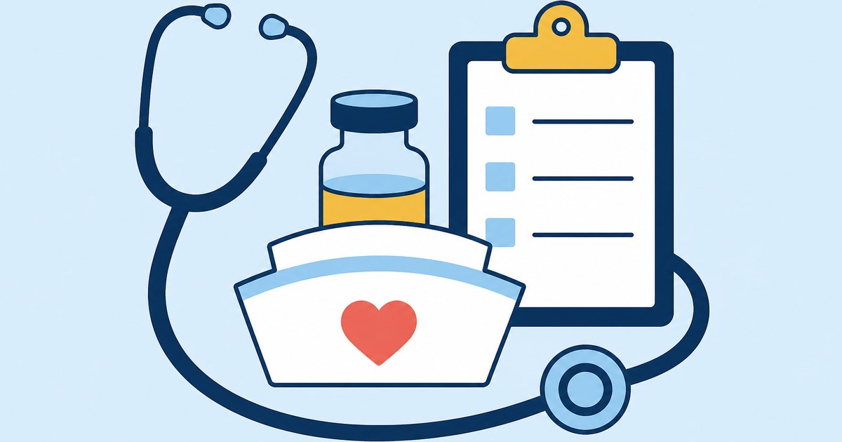 A stethoscope curves around a nursing cap, a medicine vial, and a clipboard