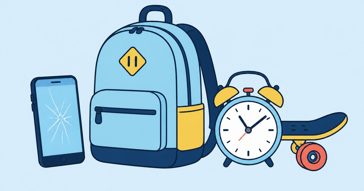 A backpack lies between a phone with a screen crack, an alarm clock, and a skateboard wheel beside its deck